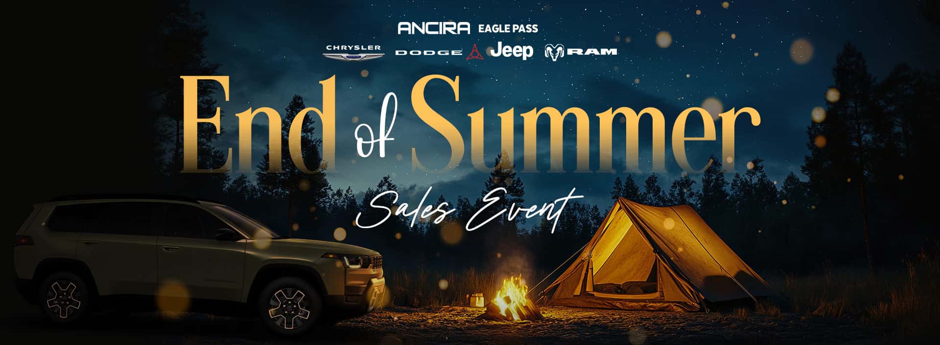 End of Summer Sales Event promotional banner showing a vehicle parked at a nighttime campsite next to a illuminated tent and campfire.