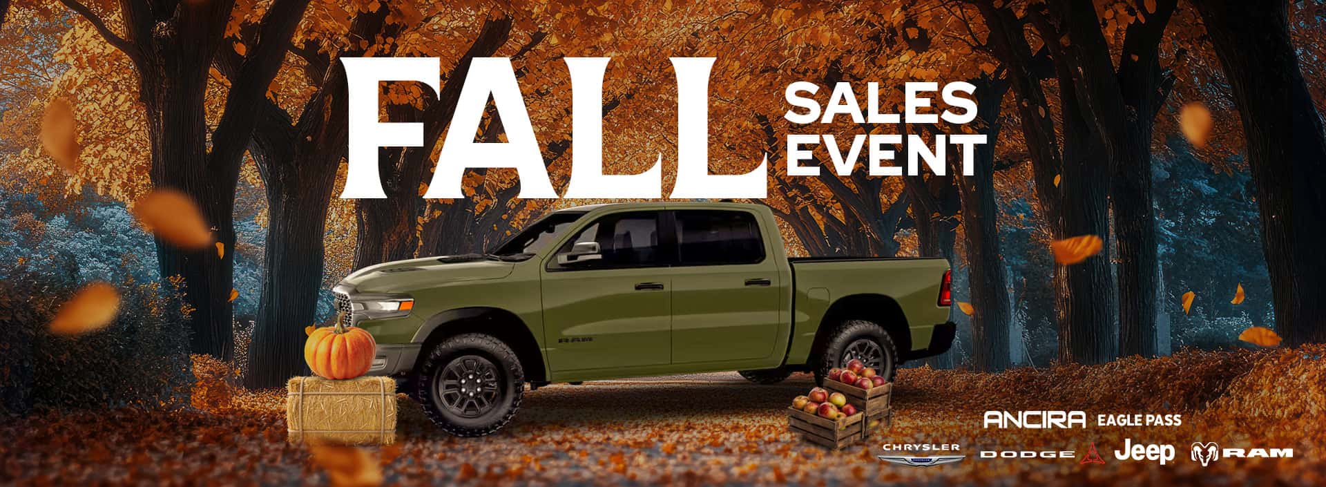 Promotional banner for the Ancira Fall Sales Event featuring a vehicle surrounded by autumn foliage, a pumpkin on a hay bale, and wooden crates filled with red apples.