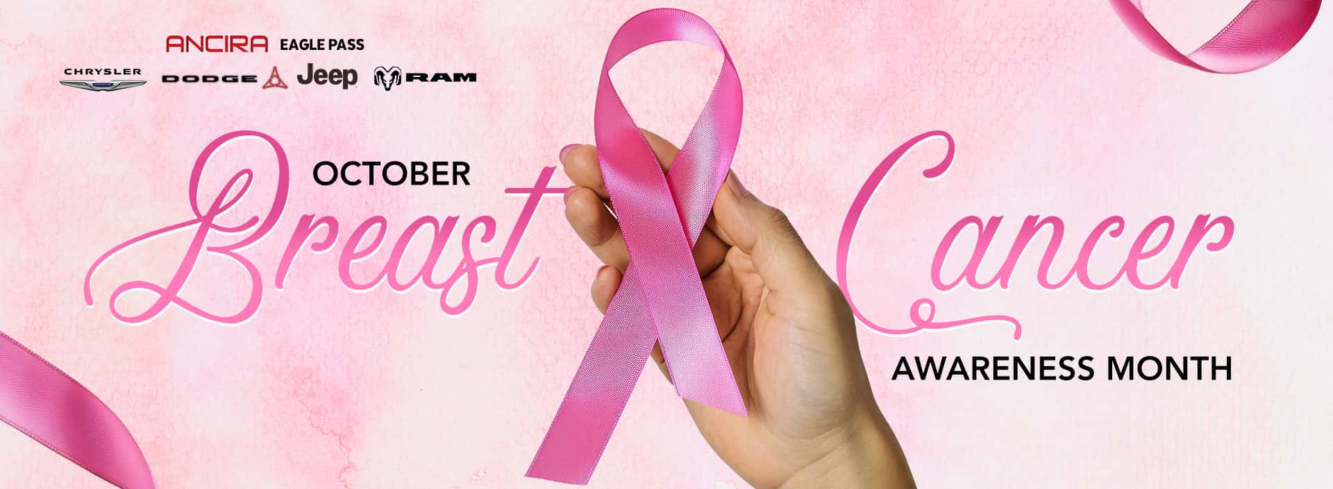 Pink Breast Cancer Awareness Month banner featuring a hand holding a pink awareness ribbon, with the Ancira logo and October Breast Cancer Awareness Month text on a soft pink background.