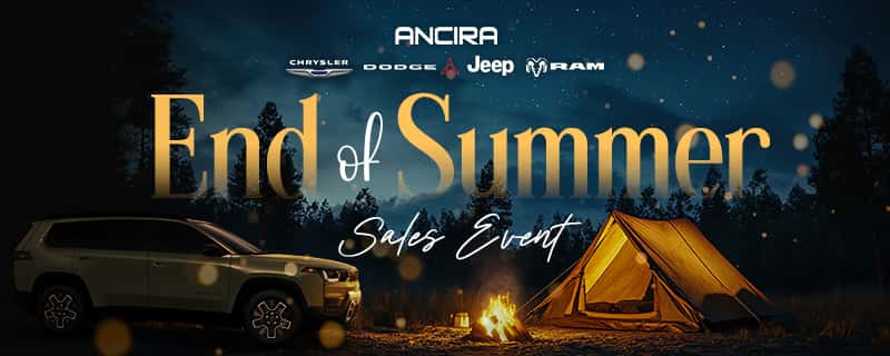 End of Summer Sales Event promotional banner showing a vehicle parked at a nighttime campsite next to a illuminated tent and campfire.