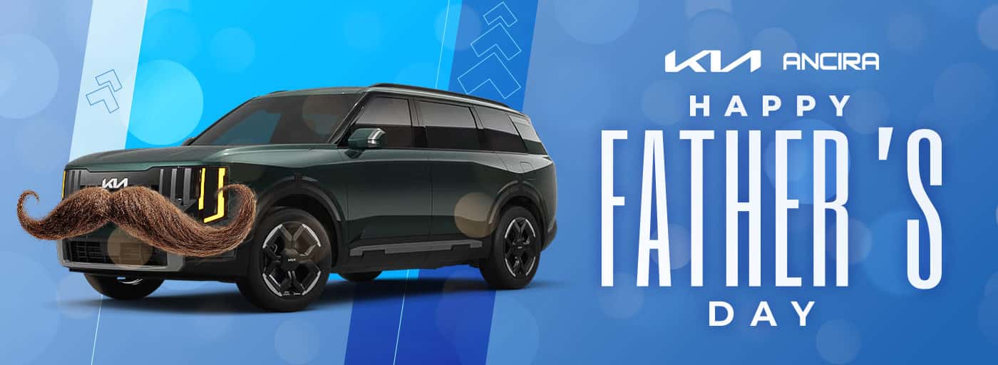 A promotional Father’s Day graphic featuring a vehicle with a large mustache on the front grille, set against a blue abstract background. Large white text reads: Happy Father’s Day.