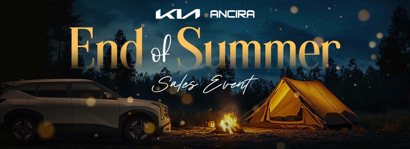 End of Summer Sales Event promotional banner showing a vehicle parked at a nighttime campsite next to a illuminated tent and campfire.
