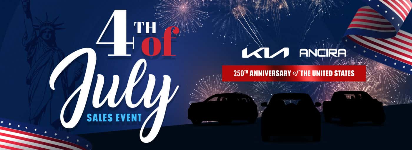 Patriotic web banner for the Ancira Auto Group's 4th of July Sales Event, celebrating the 250th Anniversary of the United States. The background is a dark blue night sky filled with fireworks, featuring a faint silhouette of the Statue of Liberty and an American flag ribbon on the top right and bottom left. Three vehicle silhouettes are parked on a hill. A large text reads 