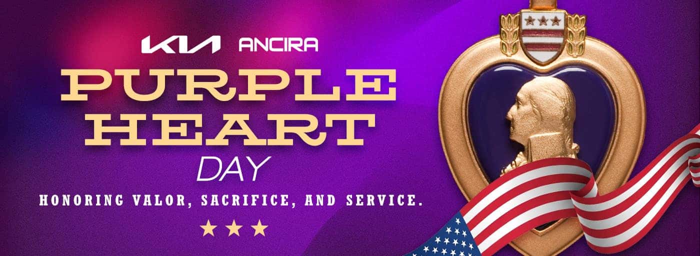 Ancira Purple Heart Day graphic featuring the Purple Heart medal, an American flag ribbon, and the text 