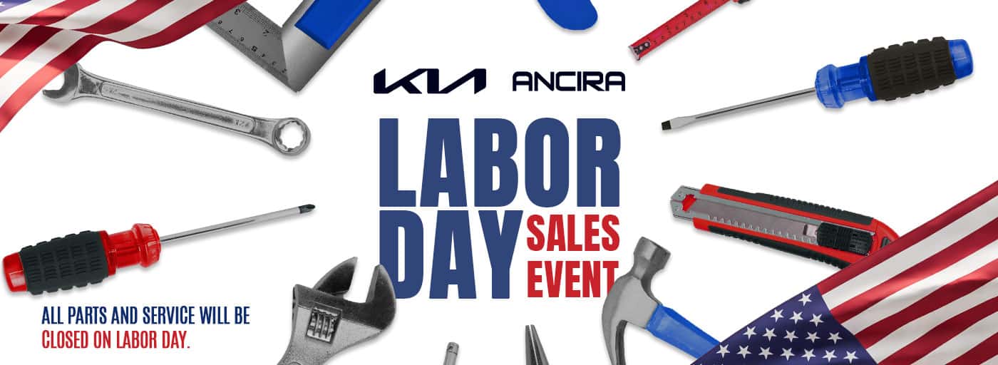 Ancira Labor Day Sales Event graphic with tools and American flags, featuring a note stating all parts and service will be closed on Labor Day.