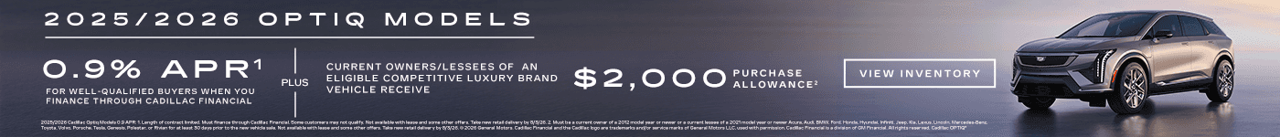 2025 and 2026 Cadillac OPTIQ. 0.9% APR plus $2,000 purchase allowance.