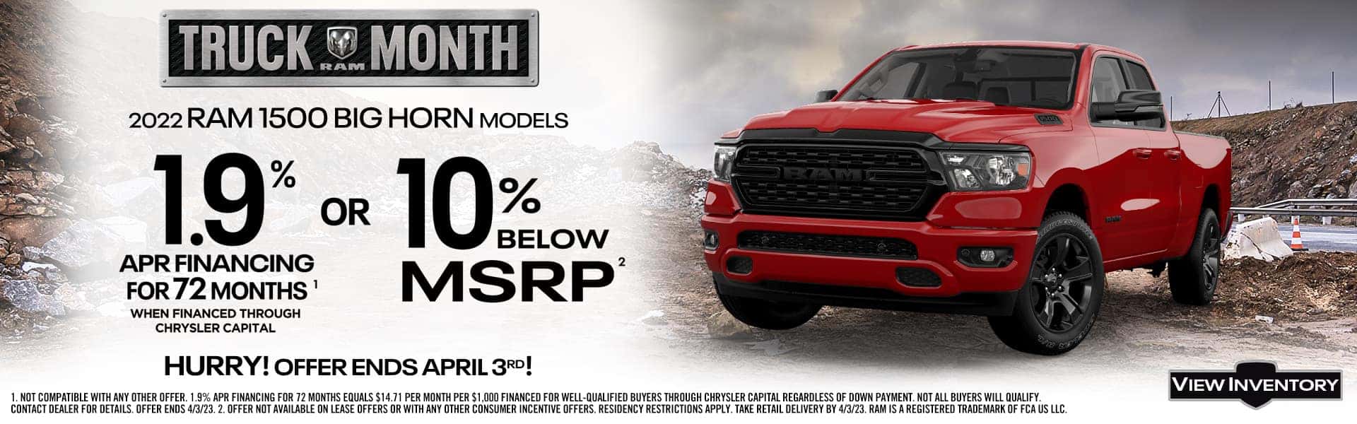 Ram Offer Truck of the Month 1.9% APR for 72 Months or 10% Below MSRP for CDJR North Savannah