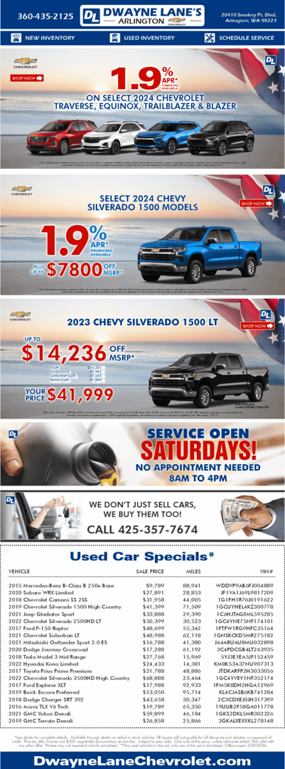 Vehicle Specials in Arlington Dwayne Lane's Arlington Chevrolet