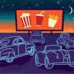 Vector illustration of a Drive in scene with retro neon sign lettering design, classic car, night time scene. Snack bar icons popcorn, soda pop, french fries. Includes vector eps in download and hi resolution jpg. Royalty free illustration.