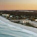 Drone shot of Vero Beach, a small city on the Indian River Lagoon in Indian River County, Florida at sunset.