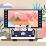 Digital illustration of happy couple attending a drive-in movie theatre in their classic car