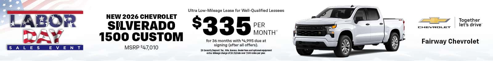 Lease a New 2026 Chevrolet Silverado 1500 Custom for $335/month