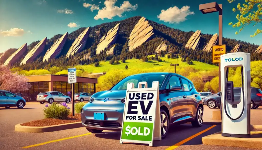 2025-03-21 A vibrant, eye-catching image of a used electric vehicle (EV) for sale on a dealership lot in Boulder, Colorado. The EV is clean and modern.