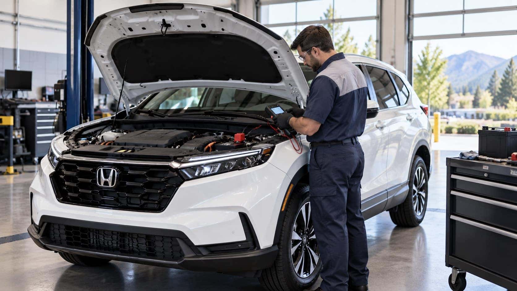 Fisher Auto technician testing the battery of a white Honda CR-V Hybrid in a service bay in Boulder, Colorado