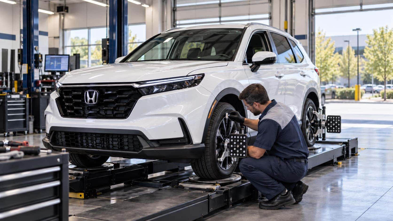 Fisher Auto technician checking tire tread and wheel alignment on a white Honda CR-V Hybrid in a Boulder, Colorado service bay