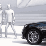 Computerized dramatization of how the Mercedes-Benz PRESAFE system works with pedestrians present