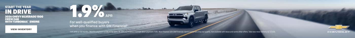 2026 Chevy Silverado 1500 Crew Cab with TurboMax Engine. 1.9% APR for well-qualified buyers when you finance with GM Financial.