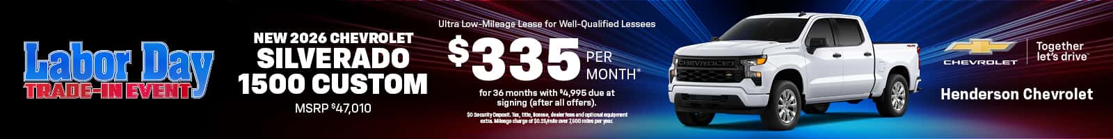 Lease a New 2026 Chevrolet Silverado 1500 Custom for $335/month