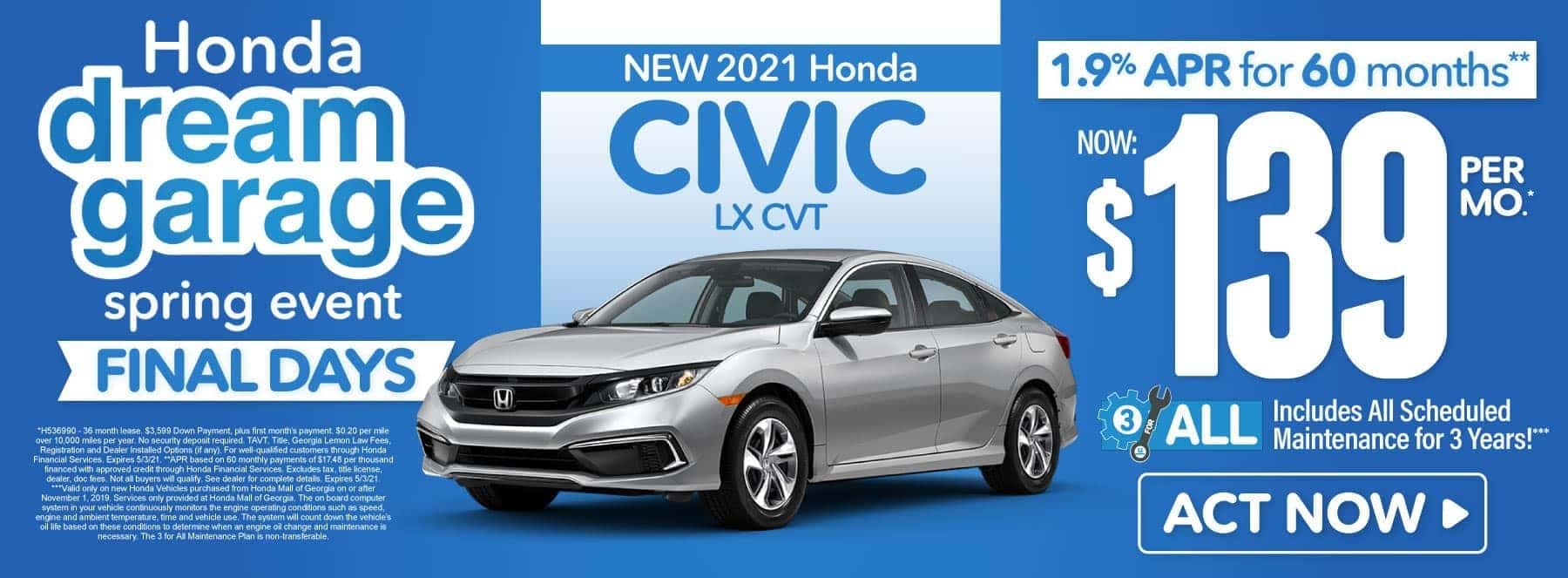 New 2021 Honda Civic | Now $139 per month | Act Now