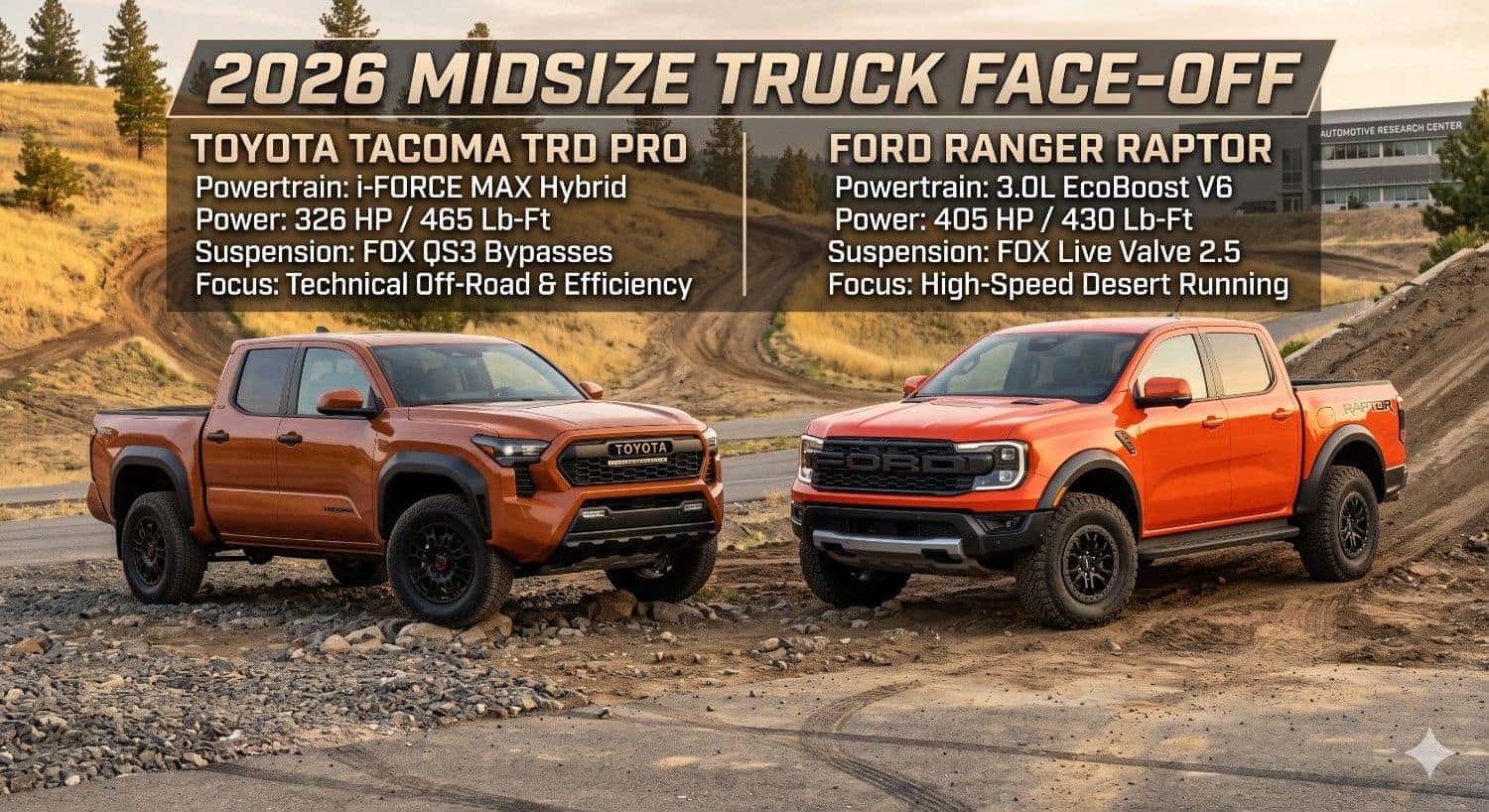 Toyota Tacoma TRD Off-Road versus Ford Ranger Raptor side-by-side comparison on an outdoor off-road test track.