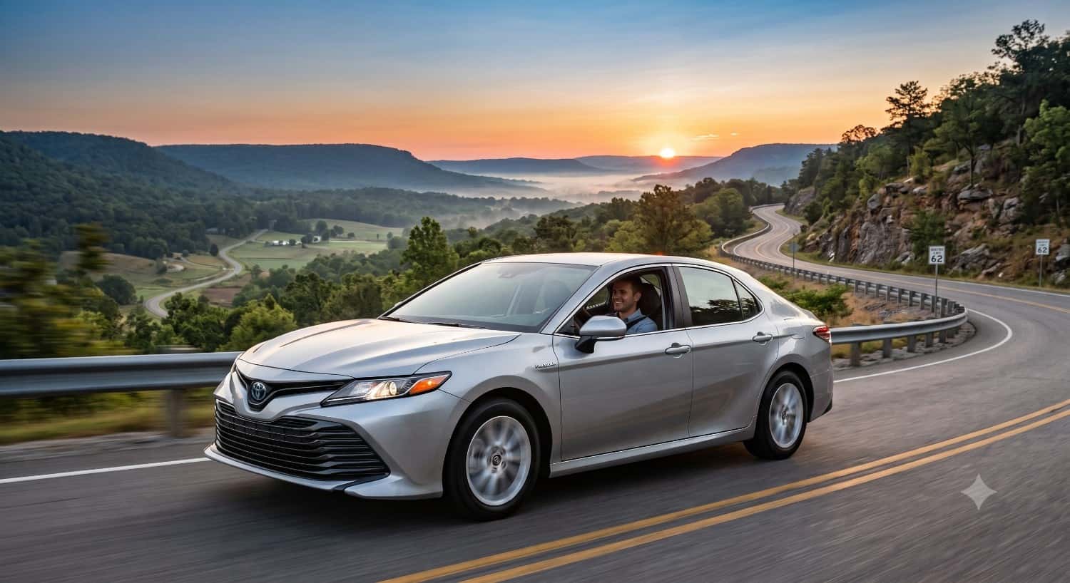 Silver 2026 Toyota Camry Hybrid driving on a winding road at sunset, showcasing the 2026 Toyota Camry MPG capabilities.
