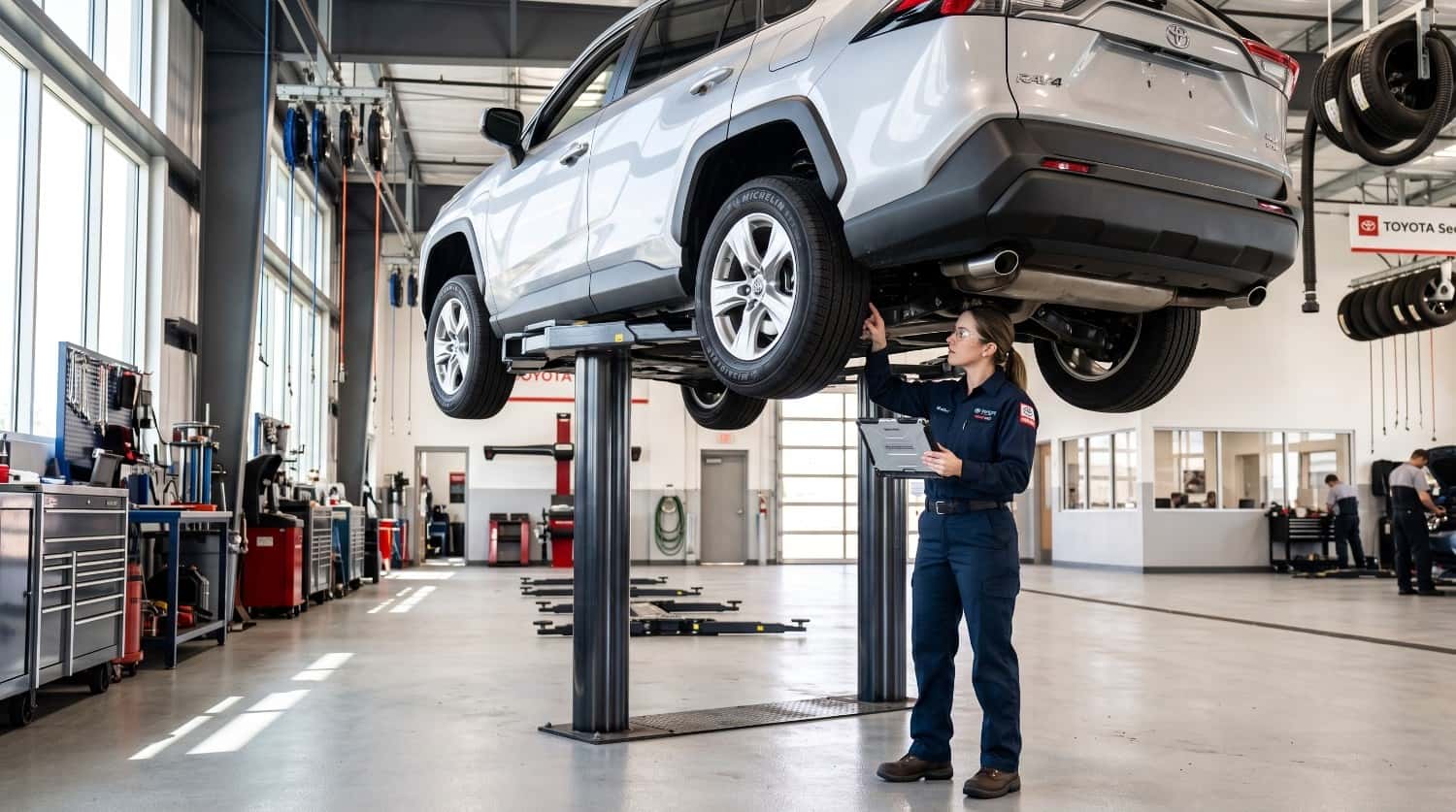 Certified Toyota technician inspecting a silver RAV4 on a vehicle lift during a routine maintenance schedule service.