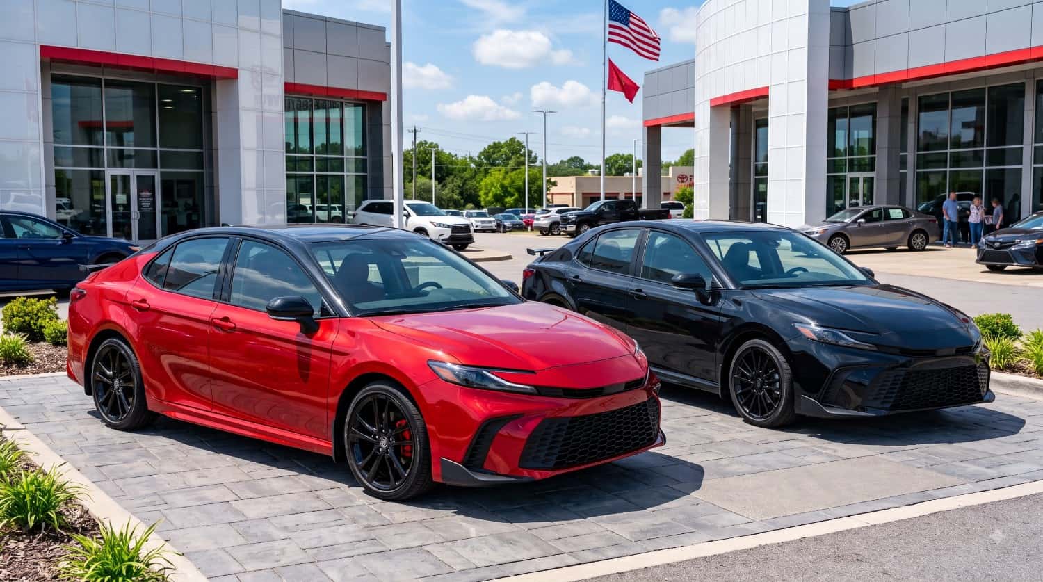 2026 Toyota Camry exterior design featuring red and black sport trims parked outside dealership showroom