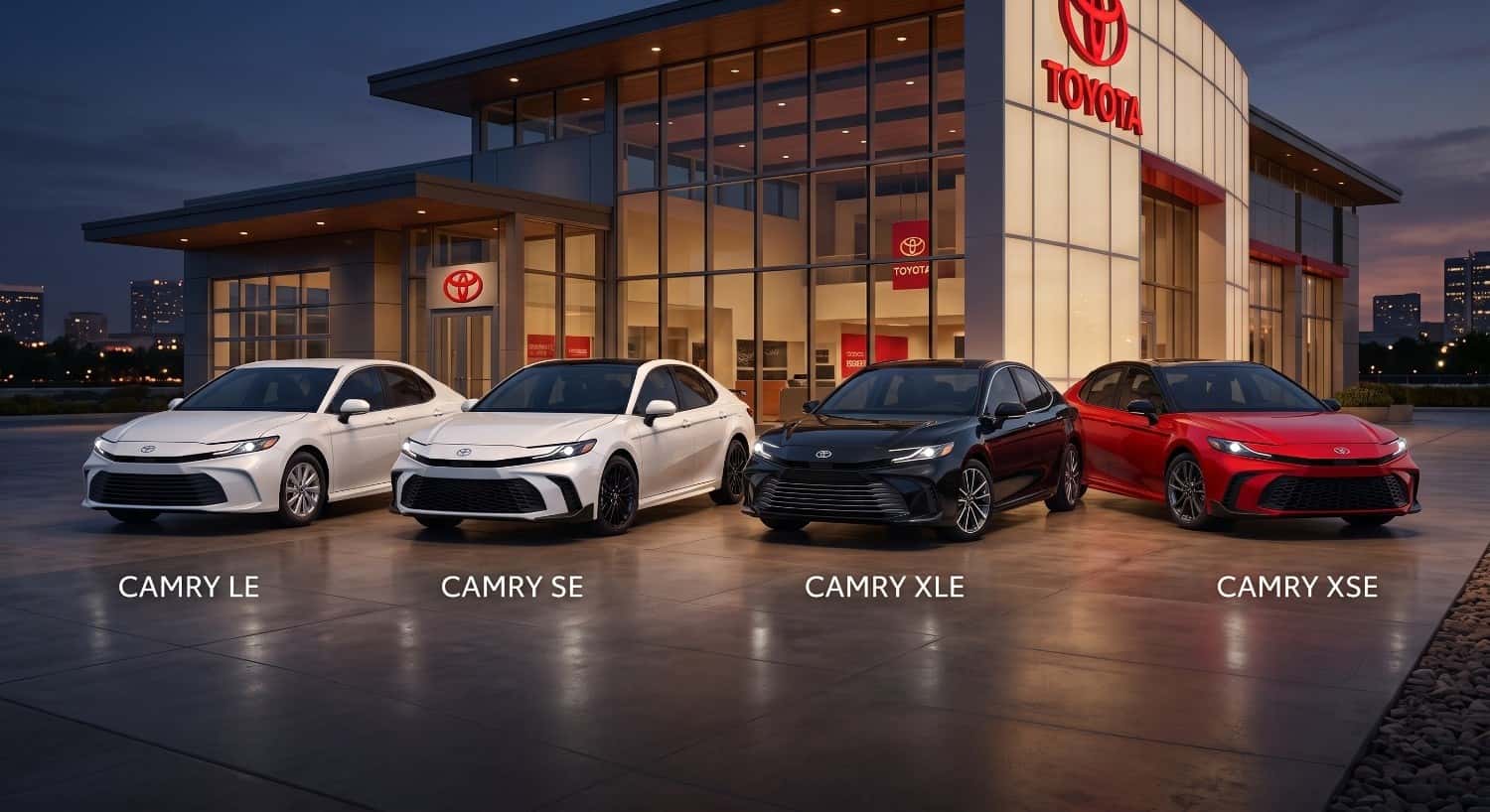 2026 Toyota Camry LE, SE, XLE, and XSE trim levels parked in front of a modern Toyota dealership showroom.