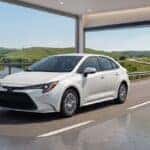 2026 Toyota Corolla MPG guide featuring a white 2026 Toyota Corolla sedan driving on a highway