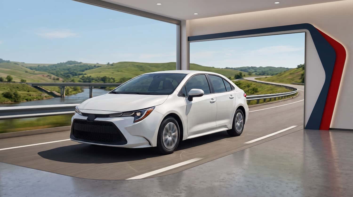 2026 Toyota Corolla MPG guide featuring a white 2026 Toyota Corolla sedan driving on a highway