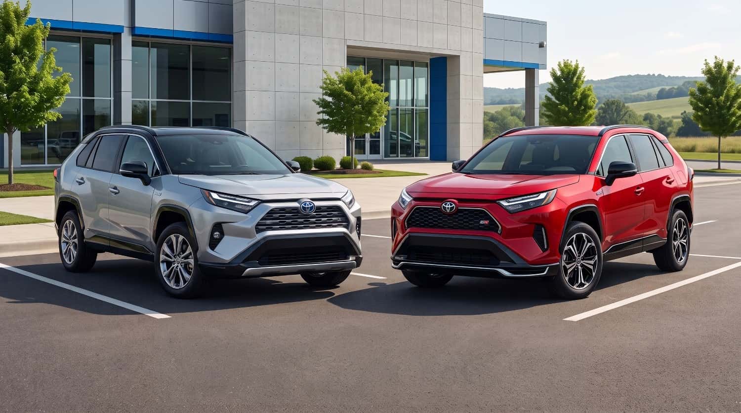 2026 Toyota RAV4 Hybrid SUVs parked outside a dealership, showing front design and MPG fuel economy