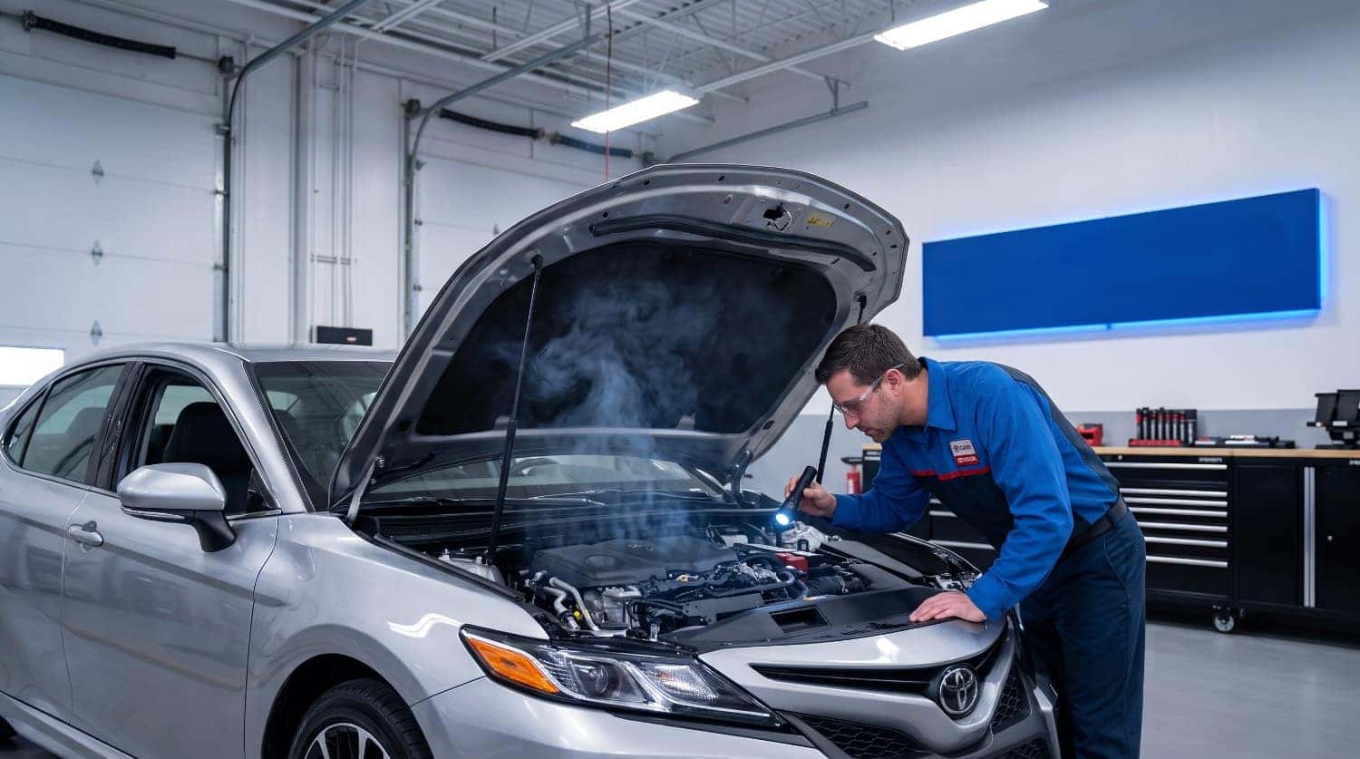 Toyota technician inspecting an open car hood with smoke to diagnose a car smell burnt rubber issue at the service center.