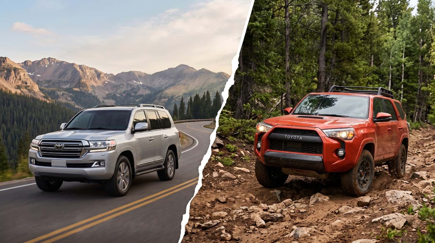 comparison of Toyota Land Cruiser vs 4Runner SUVs parked on scenic road and dirt trail