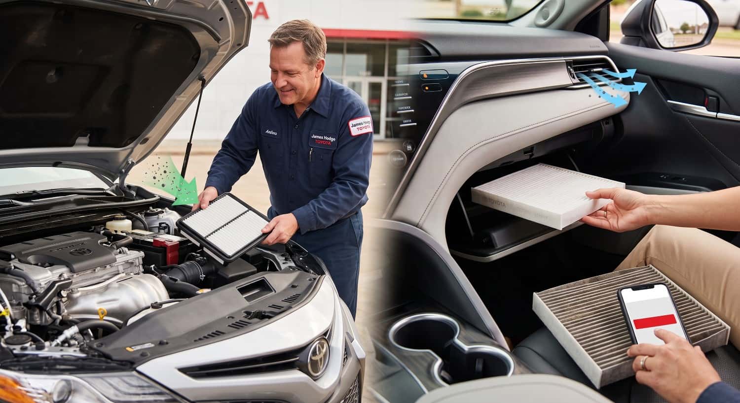Technician replacing Toyota Camry engine air filter under hood and inspecting cabin air filter behind glove box