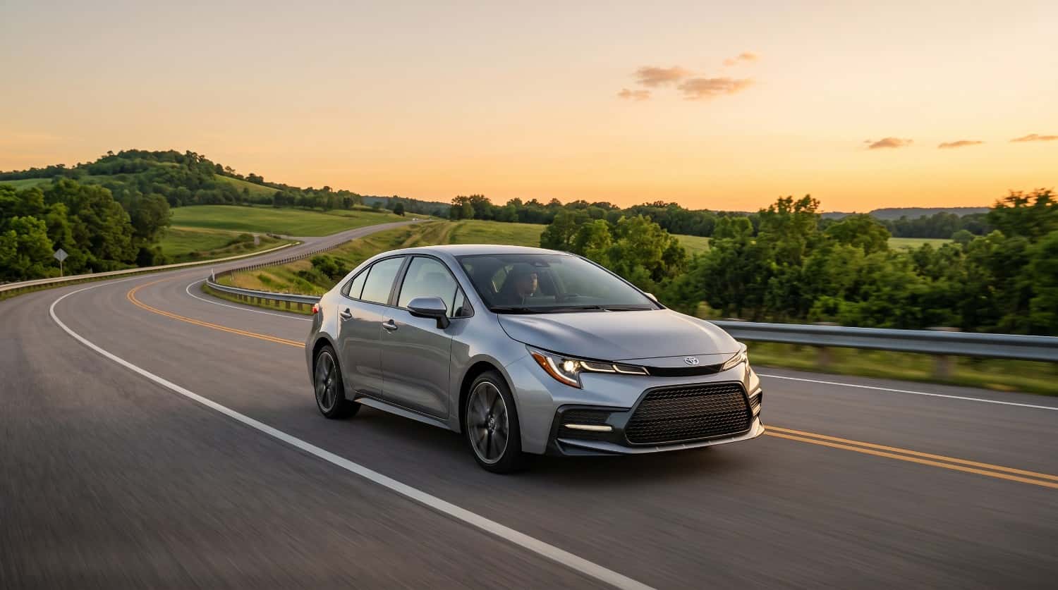 Toyota Corolla driving on an open road highlighting Toyota Corolla reliability and lifespan