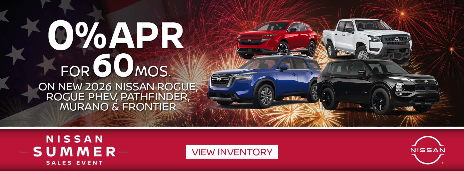 0% APR x 60 Mos. On New 2026 Nissan Rogue, Rogue PHEV, Pathfinder, Murano & Frontier