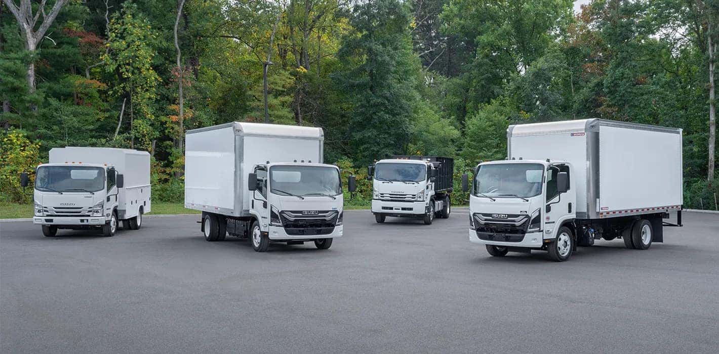 A lineup of different Isuzu trucks on pavement by a forest
