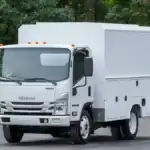 A white Isuzu N-Series box truck in a parking lot