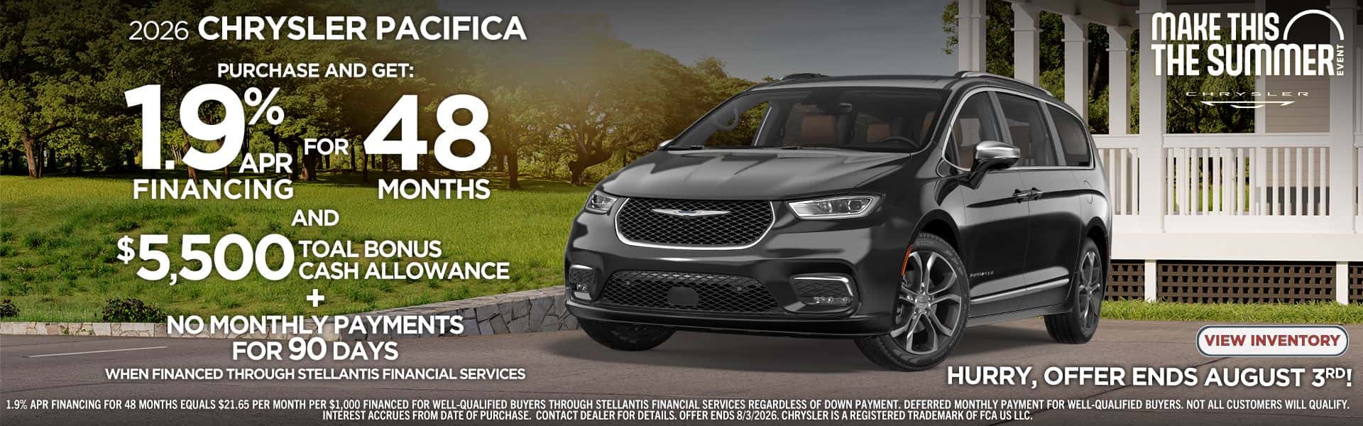 2026 Chrysler Pacifica purchase and get: 1.9% APR financing for 48 months and $5,500 total cash allowance + no payments for 90 days when financed through stellanis finacial services