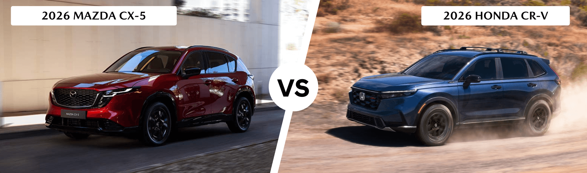 Red 2026 Mazda CX-5 and blue 2026 Honda CR-V with vs text in center