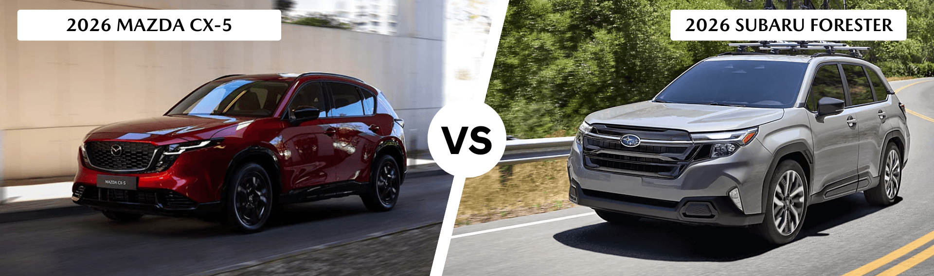 Red 2026 Mazda CX-5 and silver 2026 Subaru Forester with vs text in center