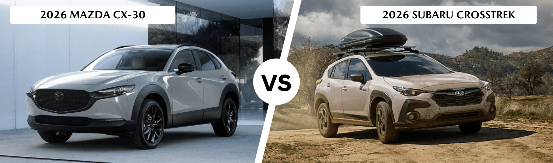 2026 Mazda CX-30 and 2026 Subaru Crosstrek with vs text in center