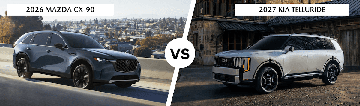 Mazda CX-90 and 2027 Kia Telluride with vs text in center