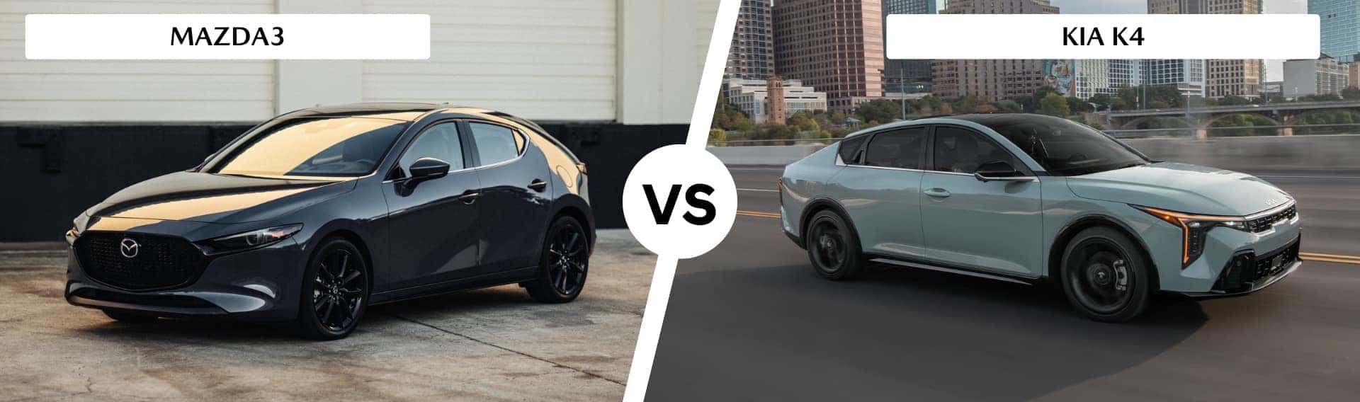 Mazda 3 hatchback and Kia K4 with vs text in center