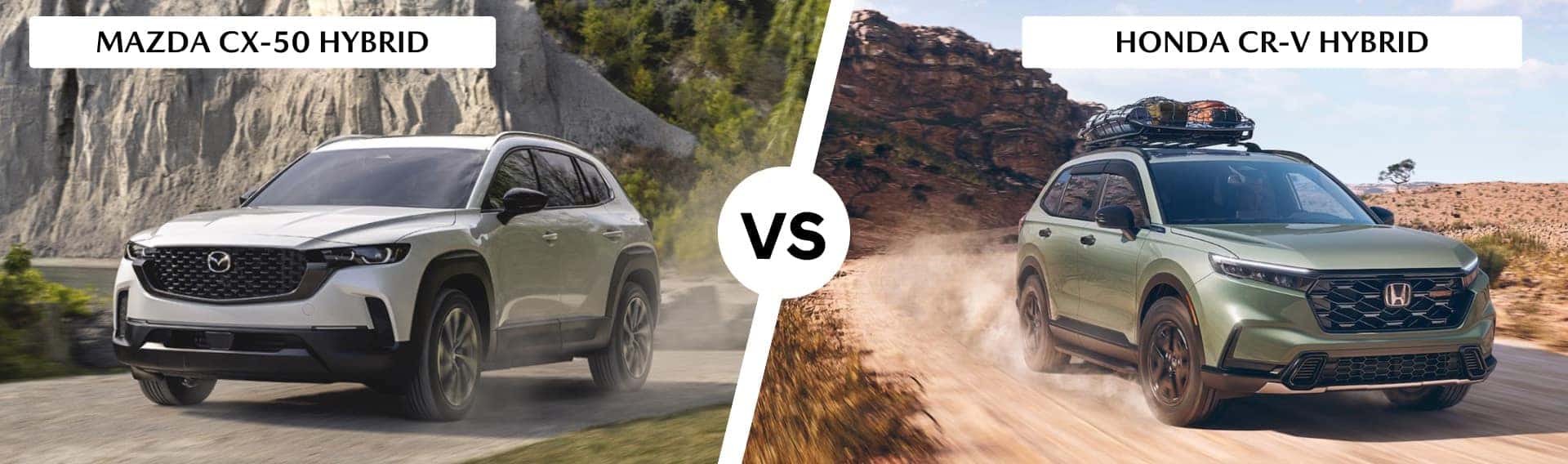 White Mazda CX-50 Hybrid and green Honda CR-V Hybrid Trailsport
