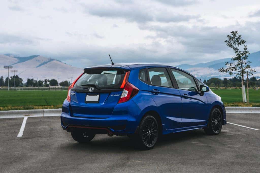 Rear of 2018 Honda Fit Sport in the mountains