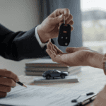 2. A car dealer hands over a key to a satisfied customer, marking the sale of a used vehicle at the dealership.