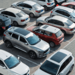 An overhead view of a crowded parking lot filled with various parked cars and SUVs in marked spaces.