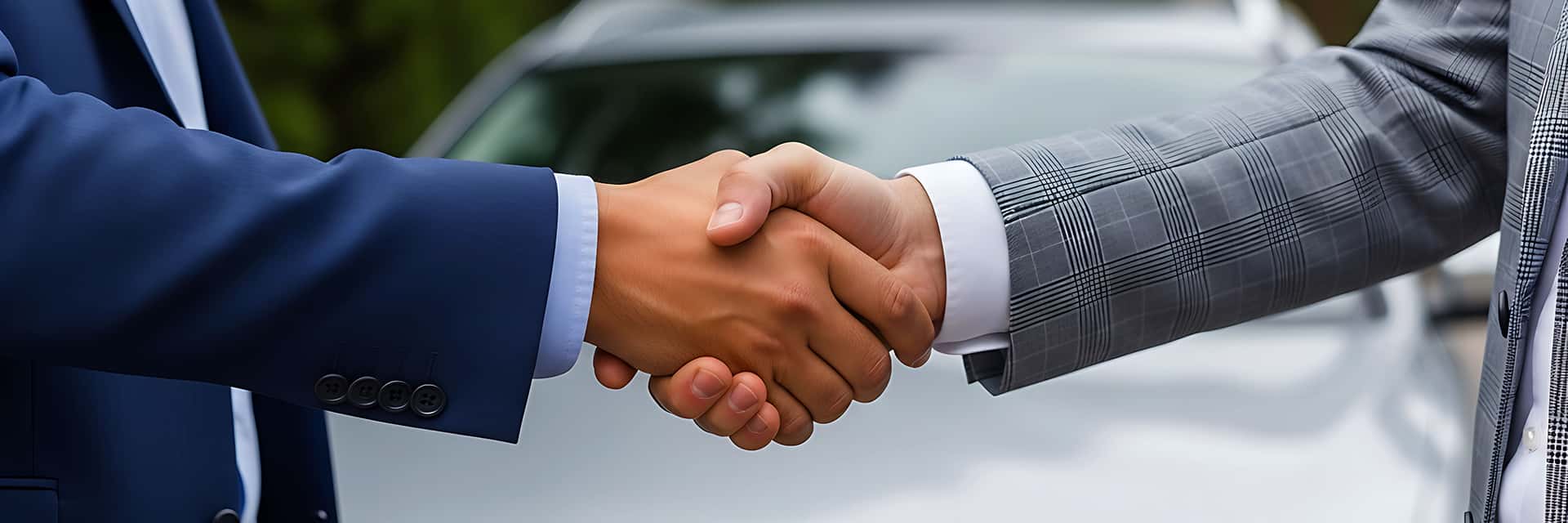 shaking hands in front of vehicle