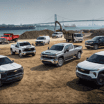 Chevy fleet vehicles parked at a job site